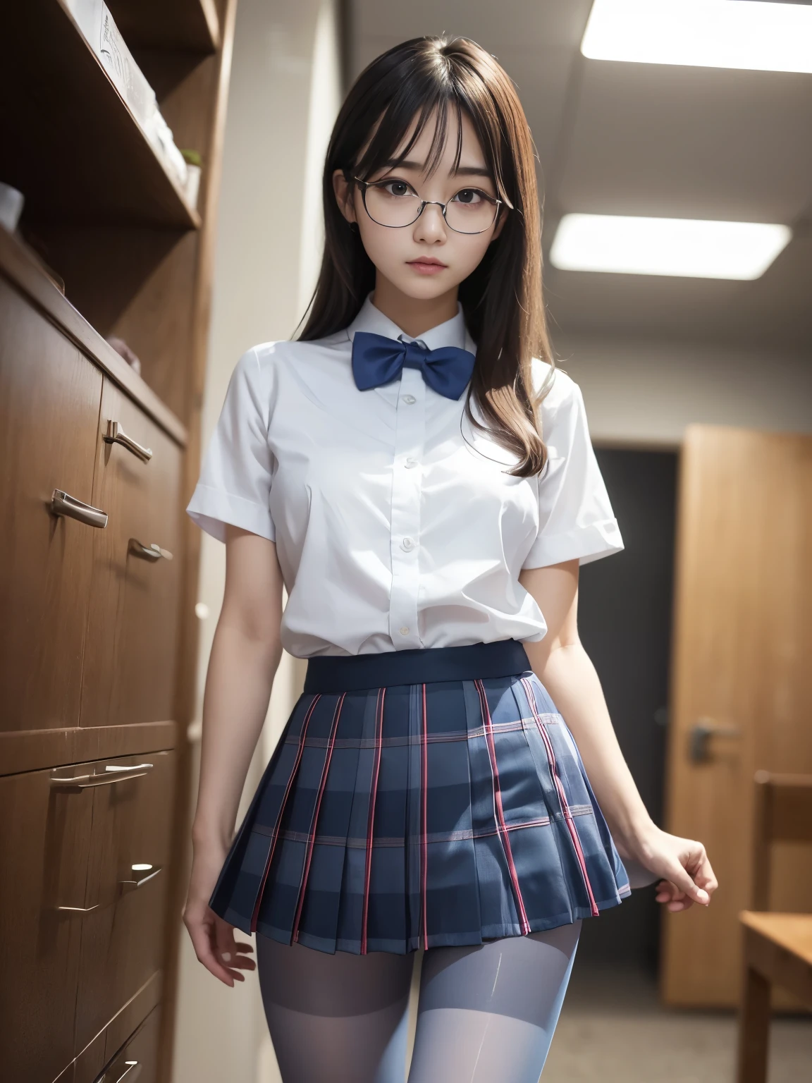 (I can see my underwear),(8K、Writing、Highest image quality、masterpiece:1.2),Glamour,Chromo - White skin,Saucy,School,looking at the viewer,look at the front,Muchimuchi,Erotic,pupil,depereblanca,Kune,((black pantyhose)),disorganized,small face,,Flat chest,前hairを真ん中から分けて、I can see the forehead,(cold look,tight eyes,glare,strong,Are thin,Sobbing,irascible)、masterpiece,Highest image quality、ultra high resolution、Writing真、Benevolence、beautiful shit、one person、solo、Glasses、Dark Look、small breasts、ふくよかなbody、丸Glasses、JK、high school girl、japanese woman、Are standing、(photorealistic:1.37)、photon mapping、real、beautiful woman、cute face、brown eyes、black socks、(red bow tie)、radio city、physically based rendering、Depth of the bounds written、blurred background、image、body、beautiful feet、long legs、thin legs、(前hairが見える)、hair、lips、Blue_The目、nose、(light blue shirt)、(Navy, blue and white plaid pleated skirt)、I can see your knees、transparent clothes、thighs、black cotton socks、Nogizaka Idol、、japanese id