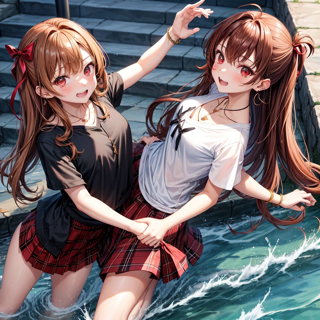 reddish-brown golden hair、red eyes、one good looking girl、solo、anime、plaid mini skirt、black camisole、black t-shirt、hoodie、wearing a ribbon、ribbon at waist、crystal earrings、jewelry necklace、Light and shadow、tilting one&#39;s face、teeth are visible、pillar、evil looking face、Kuroko、Diamond dust、grassland、Water running down the stairs、overflowing