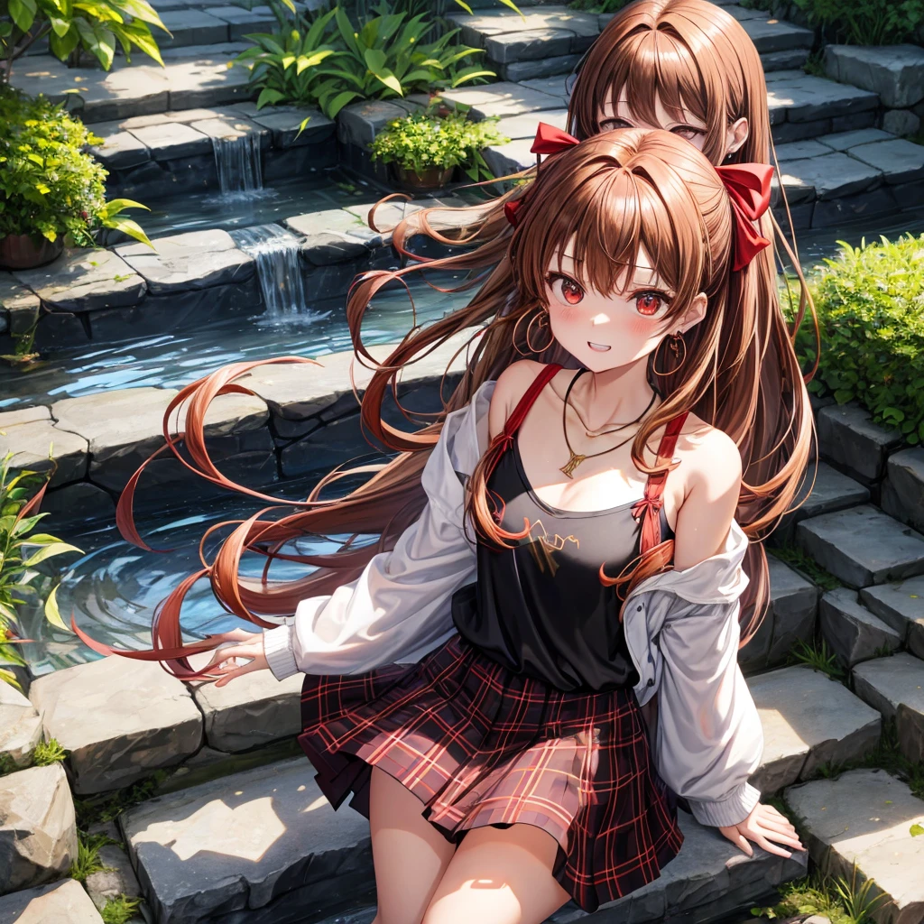 reddish-brown golden hair、red eyes、one good looking girl、solo、anime、plaid mini skirt、black camisole、black t-shirt、hoodie、wearing a ribbon、ribbon at waist、crystal earrings、jewelry necklace、Light and shadow、tilting one's face、teeth are visible、pillar、evil looking face、Kuroko、Diamond dust、grassland、Water running down the stairs、overflowing