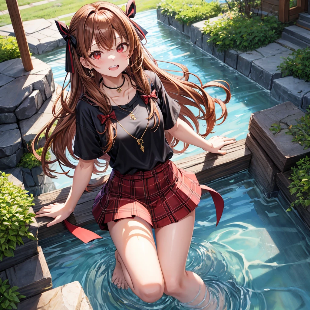 reddish-brown golden hair、red eyes、one good looking girl、solo、anime、plaid mini skirt、black camisole、black t-shirt、hoodie、wearing a ribbon、ribbon at waist、crystal earrings、jewelry necklace、Light and shadow、tilting one&#39;s face、teeth are visible、pillar、evil looking face、Kuroko、Diamond dust、grassland、Water running down the stairs、overflowing
