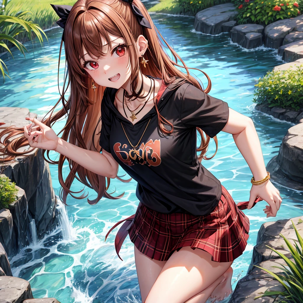 reddish-brown golden hair、red eyes、one good looking girl、solo、anime、plaid mini skirt、black camisole、black t-shirt、hoodie、wearing a ribbon、ribbon at waist、crystal earrings、jewelry necklace、Light and shadow、tilting one&#39;s face、teeth are visible、pillar、evil looking face、Kuroko、Diamond dust、grassland、Water running down the stairs、overflowing