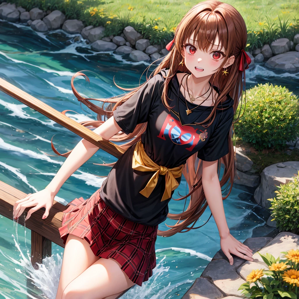 reddish-brown golden hair、red eyes、one good looking girl、solo、anime、plaid mini skirt、black camisole、black t-shirt、hoodie、wearing a ribbon、ribbon at waist、crystal earrings、jewelry necklace、Light and shadow、tilting one's face、teeth are visible、pillar、evil looking face、Kuroko、Diamond dust、grassland、Water running down the stairs、overflowing