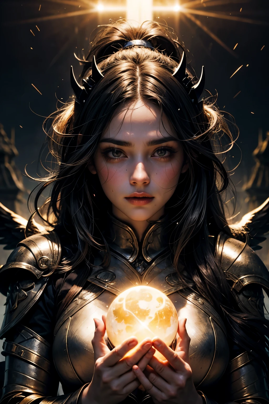 teenage girl, full plate armor, sweaty hair, Ancient battlefields, big breasts, Ram horns growing from his head, background blur, Glitter effect on background, movie lighting effects, Join hands, Burning castle in the background, countless flames in the background, sparkling eyes, Casting spells, Close ~ eyes, Ball of light on abdomen, A ball of light in front of the stomach, tilt one's face, blue flame, pillar of light, anatomically correct hand, 顔の前でJoin hands, flying in the sky, Jet black wings grow, highly detailed face, Beautiful and well-proportioned face, beautiful skin, Flying, Supermodel proportions, tarot cards, Rainy nights, Cast a spell, witch, separate armor, Lightning is falling, beautiful hair, pointed ears