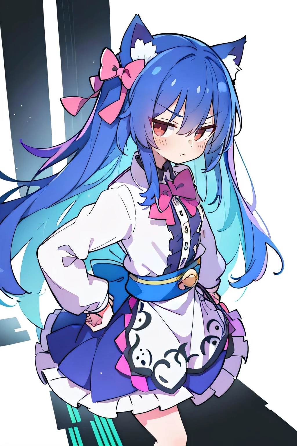 (masterpiece),best quality, expressive eyes, perfect face, 1girl,
 Put your hands on your waist,fair, Gorgeous,Japanese cartoons,girl,lola,Hina Angel, blue hair, blue haired, floating clothes,Grab your waist, Grab your waist, hands on hips , hands on hips,sit, sit on ground, Legs on the ground, flat chest,cat ears,