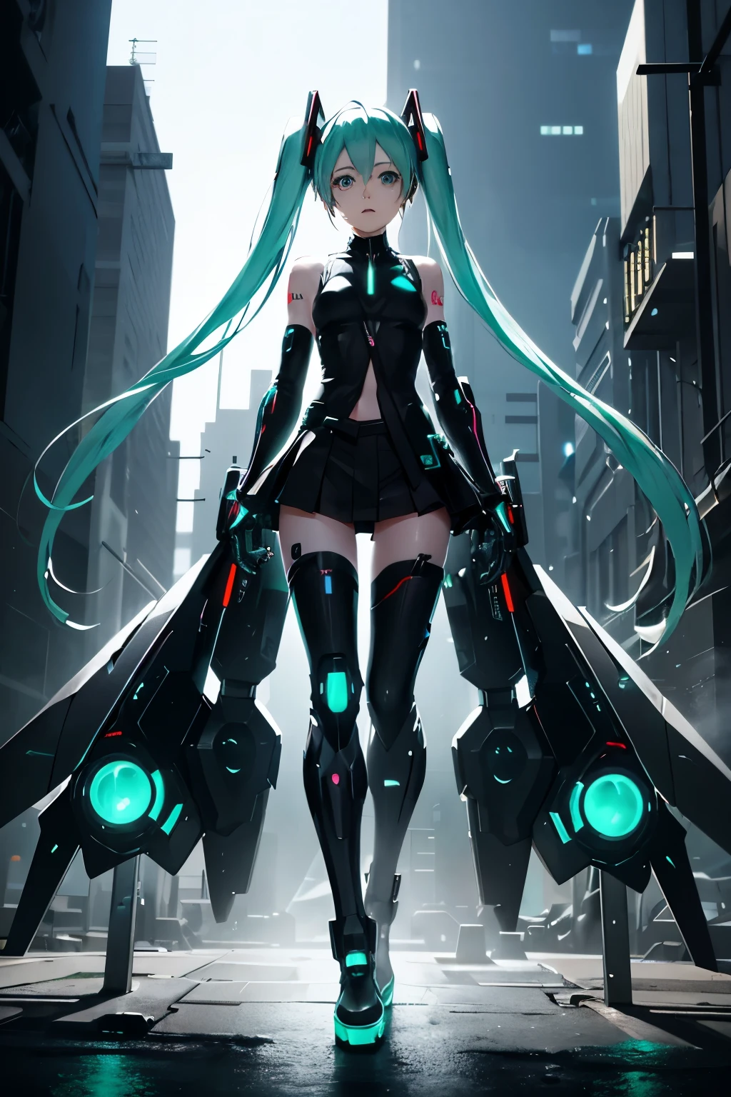 Imagining a post-apocalyptic stage,Hatsune Miku solo,Her look is a striking combination of cybernetic enhancements and her signature look。The neon colors bathe her in light,Highlight her robotic arms and cyborg face as she sings,She is a beacon of hope in a dystopian world.。