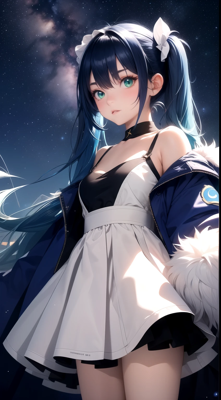 (masterpiece, best quality), 1girl, blue hair, green eyes, twintails, cosmic, starry sky, night, scenery, light particle, messy hair,