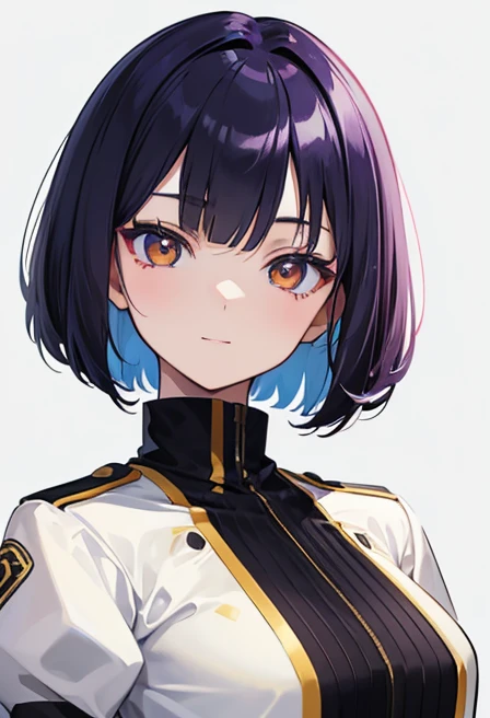 battle uniform, Anime-style portrait of a girl with a deep violet bob cut, {Golden eyes}, bright eyes, -facee contact with the camera, subtle smile, minimalistic background to emphasize character, high contrast, clean lines, digital painting, vivid colors