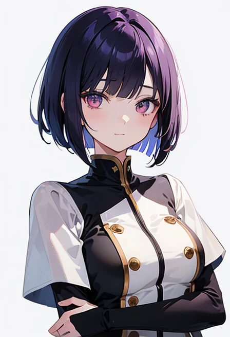 battle uniform, Anime-style portrait of a girl with a deep violet bob cut, {Golden eyes}, bright eyes, -facee contact with the camera, subtle smile, minimalistic background to emphasize character, high contrast, clean lines, digital painting, vivid colors