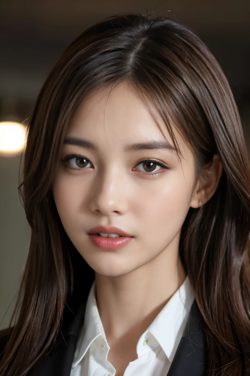 table top, highest quality, realistic, very detailed, In detail, High resolution, 8k wallpaper, 1 beautiful woman,, light brown messy hair, wearing a business suit, sharp focus, Fully dynamic configuration, beautiful and delicate eyes, fine hair, 섬세하고 realistic 피부 결, laughter, close-up portrait, model body shape. dark lighting, please open your mouth wide