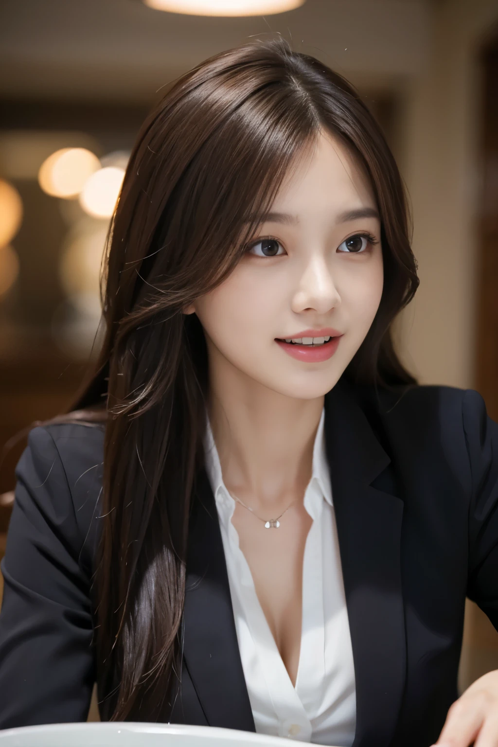 table top, highest quality, realistic, very detailed, In detail, High resolution, 8k wallpaper, 1 beautiful woman,, light brown messy hair, wearing a business suit, sharp focus, Fully dynamic configuration, beautiful and delicate eyes, fine hair, 섬세하고 realistic 피부 결, laughter, close-up portrait, model body shape. dark lighting, please open your mouth wide
