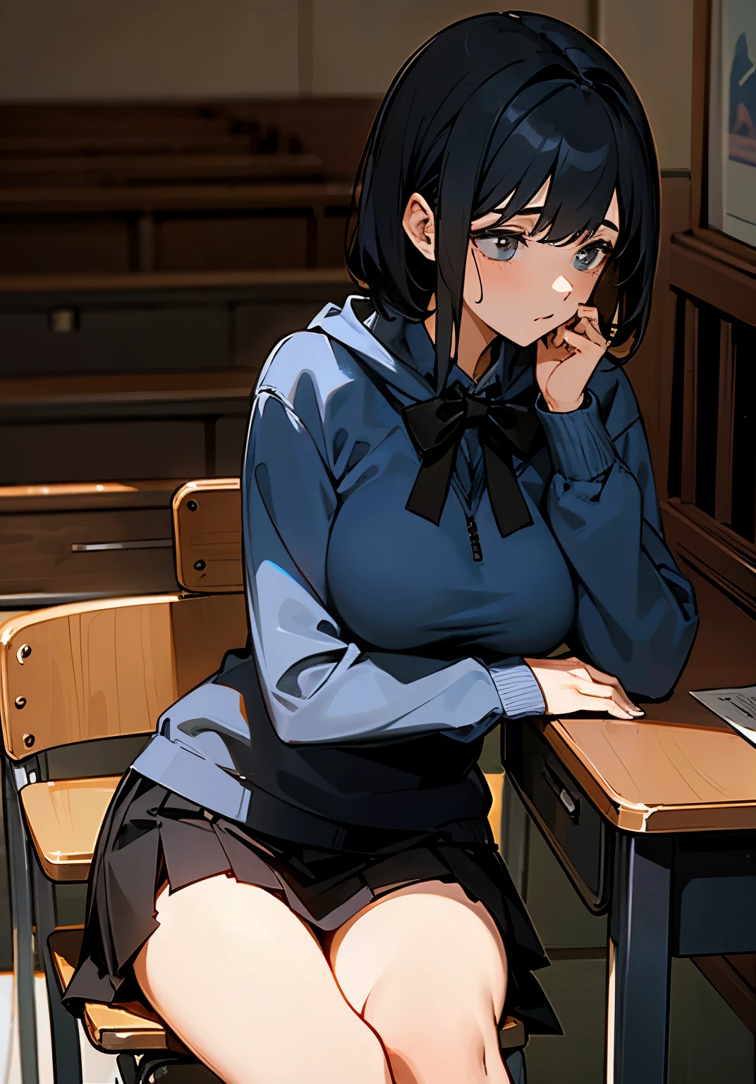{best quality},lecture room、black hair short、woman、Large beautiful breasts、Sweatshirt、skirt、sit in a chair 、Leaning your elbows on the desk、Pensive、looking away from the camera、Side view、cowboy shot