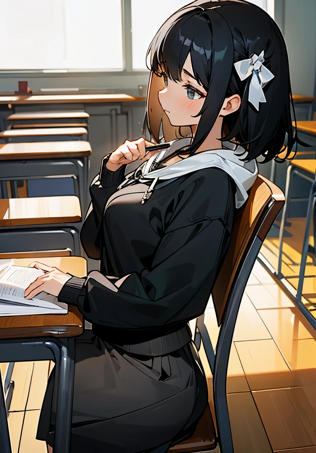 {best quality},lecture room、black hair short、woman、Large beautiful breasts、Sweatshirt、skirt、sit in a chair 、Leaning your elbows on the desk、Pensive、looking away from the camera、Side view、cowboy shot