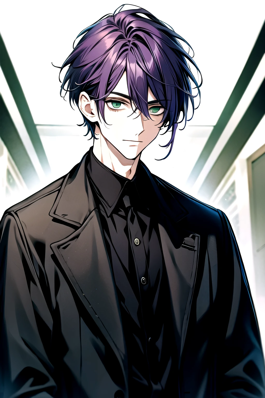 Solo, Male, masterpiece, highres, short hair, purple hair, green eyes, black and white shirt, black coat