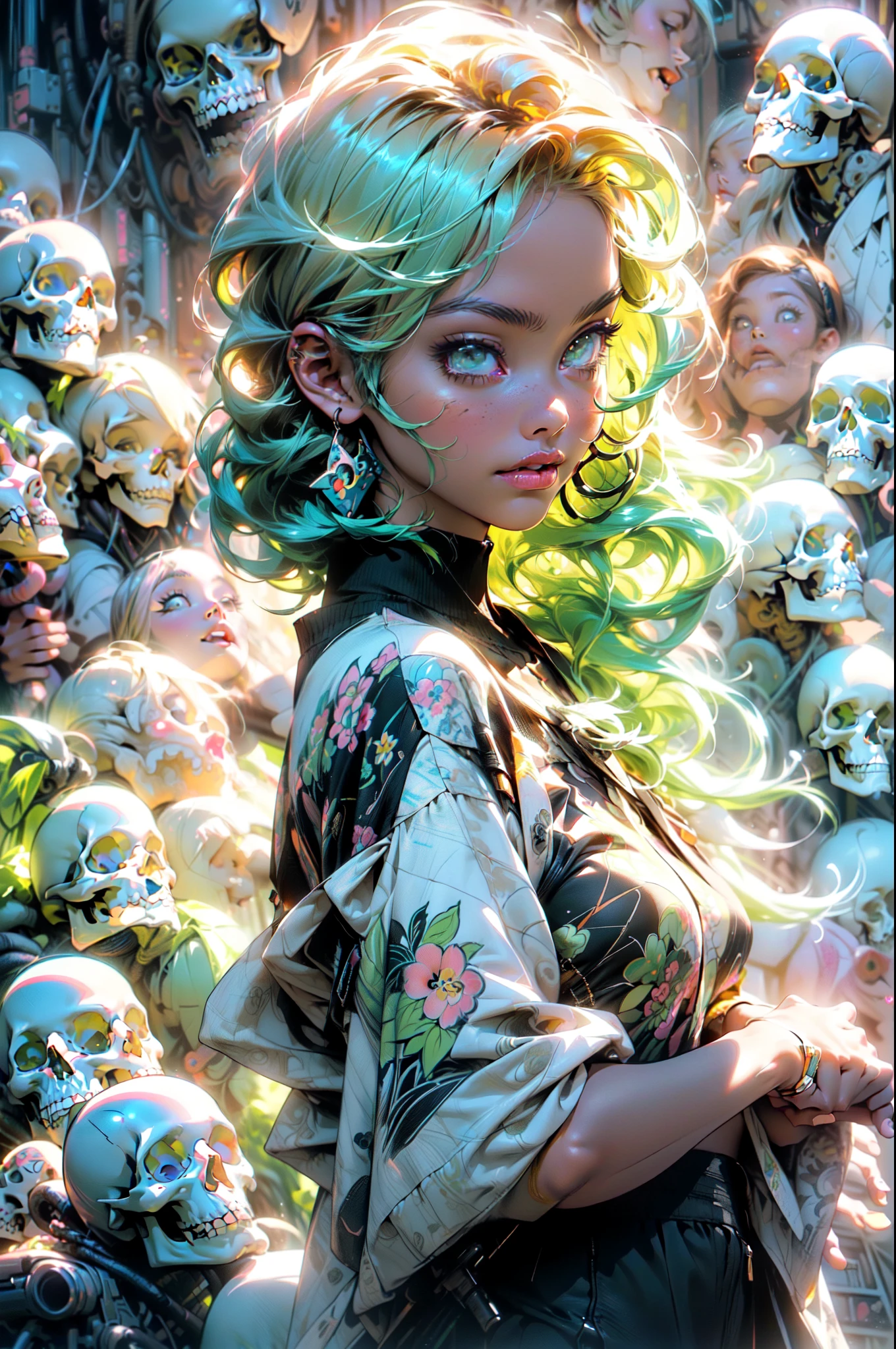 ((Create a high quality image), (stylized color graphics, Anima style), (masterpiece, best quality: 1.2), (1 girl, solo, full growth), (bright graphics, comics, Marvel, Blizzard), (Japanese anime graphics), (Ghost in the Shell, Blade Runner, Animatrix, Appleseed))_((Stylization; clear line, clear outline, high-quality linear drawing, shading))_((Color, bright balanced colors, harmonious color scheme; Pixar , RiotGames, Epic Games), (color fill, color saturation, saturation, harmony, balance))_((Images, plot; cute cute sexy girls, kawaii, Lola), (erotica, NSFW), (nude parts, beautiful legs, chest, long hair, eyelashes, expressive eyes), (special attention to facial details, figure proportions, expressive forms, attractiveness, seductiveness), (also present; skulls, flowers, weapons))_((Visualization; graphic animation style, high quality, anime style, Japanese anime, high quality, masterpiece, best movies - Arcana), (Stylized 3D graphics, linear stroke, color fill, clear chiaroscuro, fill set, ray tracing, reflected light, caustics), (hand-drawn graphics, graphics drawn by a master, stylized graphics), (mixing styles); abstraction - realism, animation, three-dimensional graphics)).
