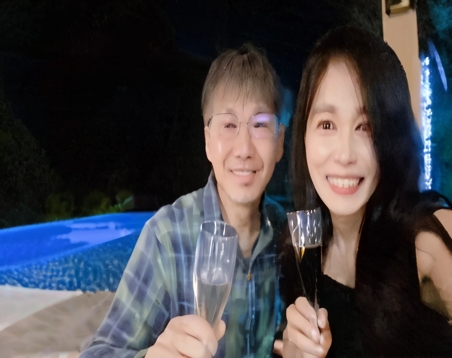 They are enjoying drinks together by the pool, night!, zeen chin and terada katsuya, Photo taken on 2020, ayami kojima and yoshitaka amano, cheers, 8K selfie photo, Happy!!!, couple, profile image, Ayami Kojima and Greg Rutkowski