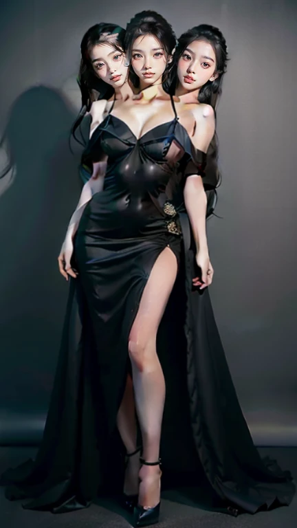 best resolution, 3 heads, Australian girl Instagram model girl three heads, 19 years old, youthful, wearing a black dress and a woman in a black dress, stylish dark dress, she is wearing a black dress, black dress, wearing a cocktail dress, black gown, ruched bodice, full black dress, dark dress, elegant dark blue dress, curvy hourglass figure, an elegant woman in black dress, wearing a tight black dress, braided hair, blonde hair, red hair, black hair, different hair colors, full-body view, full body shot