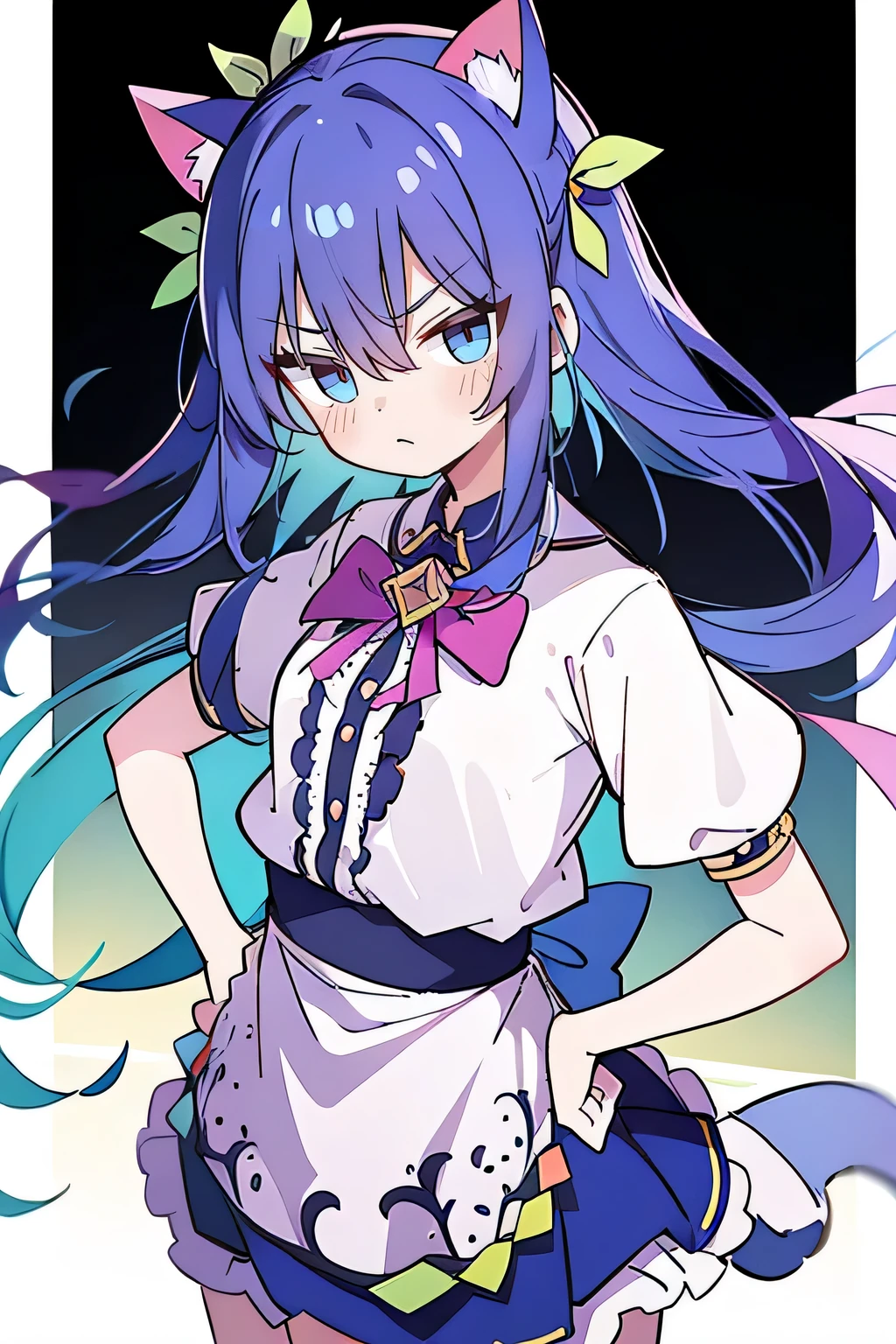 (masterpiece),best quality, expressive eyes, perfect face, 1girl,
 Put your hands on your waist,fair, Gorgeous,Japanese cartoons,girl,lola,Hina Angel, blue hair, blue haired, floating clothes,Grab your waist, Grab your waist, hands on hips , hands on hips,sit, sit on ground, Legs on the ground, flat chest,cat ears,
