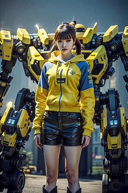 ((masterpiece, best quality)), illustration, 8k highly detailed, photorealistic, sharp focus, highly detailed, professional lighting, colorful details, colorful colors BREAK extreme long shot of a factory, large mechanical robot construction, microchips, computers, glowing, intricate details, 20 year old solo woman, ponytail, wearing a Blue-yellow Hoodie. best quality, beautiful eyes, beautiful detailed and symmetrical facial details, medium body, full body, carrying a firearm. Super detailed rifle, detailed, smile expression,