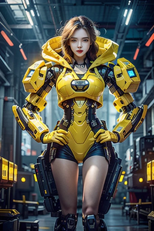 ((masterpiece, best quality)), illustration, 8k highly detailed, photorealistic, sharp focus, highly detailed, professional lighting, colorful details, colorful colors BREAK extreme long shot of a factory, large mechanical robot construction, microchips, computers, glowing, intricate details, 20 year old solo woman, ponytail, wearing a Blue-yellow Hoodie. best quality, beautiful eyes, beautiful detailed and symmetrical facial details, medium body, full body, carrying a firearm. Super detailed rifle, detailed, smile expression,