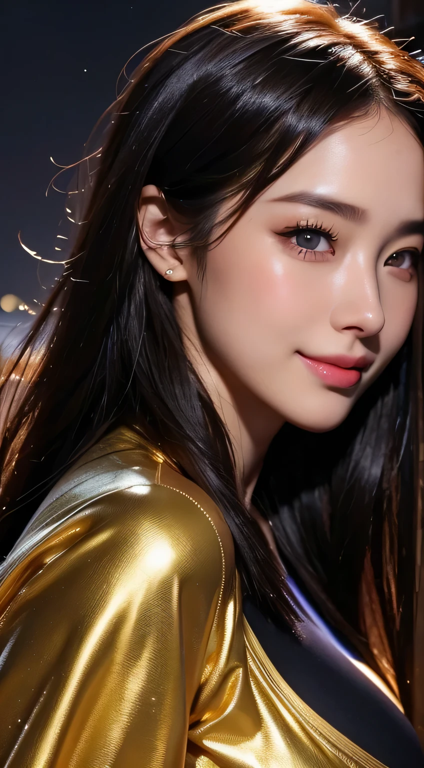 Beautiful woman in kimono,body portrait、8k,fine and beautiful eyes,Dindal effect、masterpiece, 最high quality, high quality, High resolution、very detailed photos、(natural skin texture、fine skin、hyper realism、Super sharpness)、high detail skin、(very detailed、fine skin texture、intricate details、beautiful face、(lifelike face)、realistic eyes、beautiful and detailed eyes、real looking skin、beautiful skin、surreal、very detailed、golden ratio、with smiling eyes、((night moonlight background))、body portrait、G cup、big breasts,glamorous,shiny bodysuit