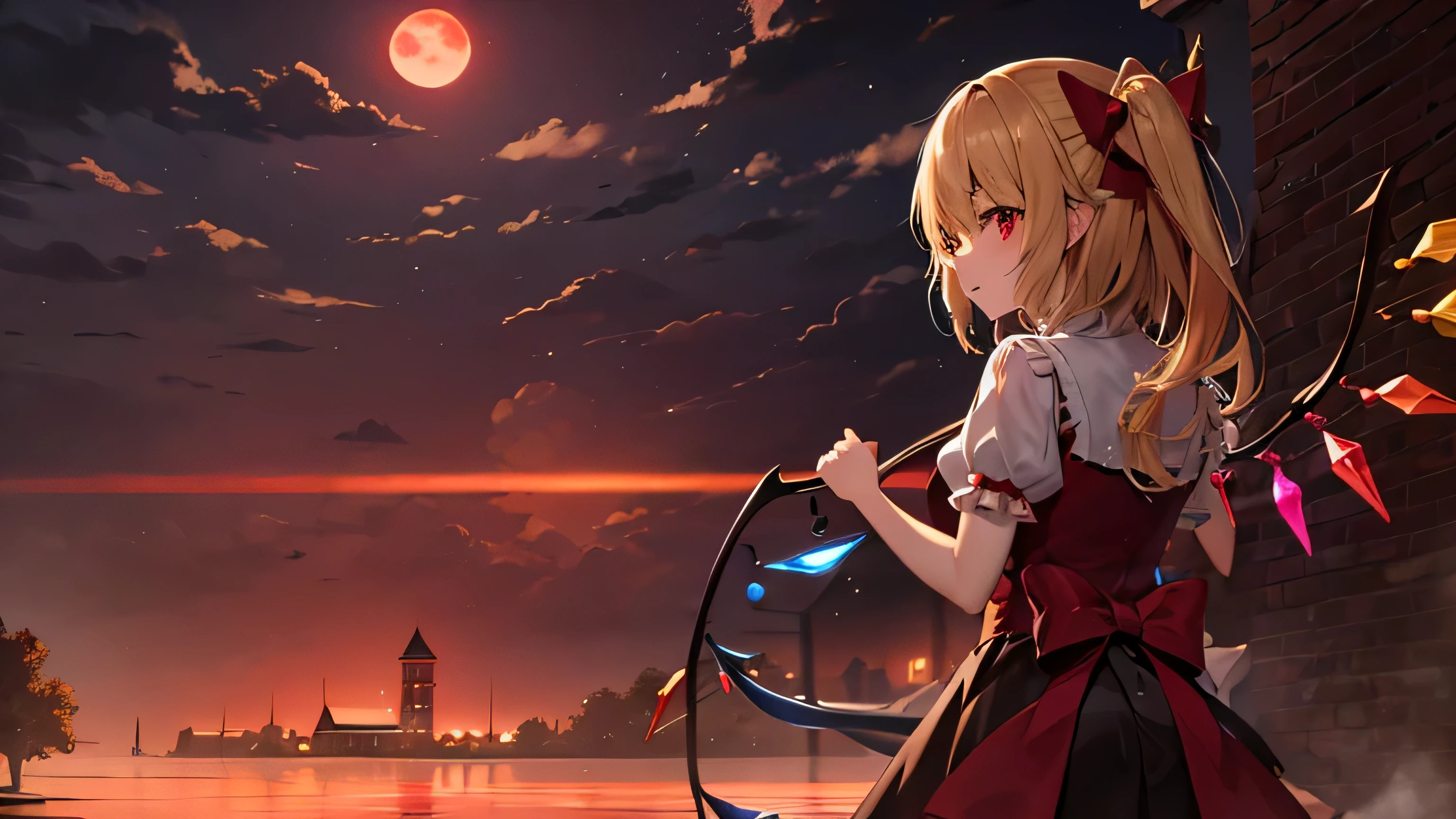 Flandre Scarlet、Old Western-style building made of bricks、night、red fog、Red Moon、lake、Spear in right hand