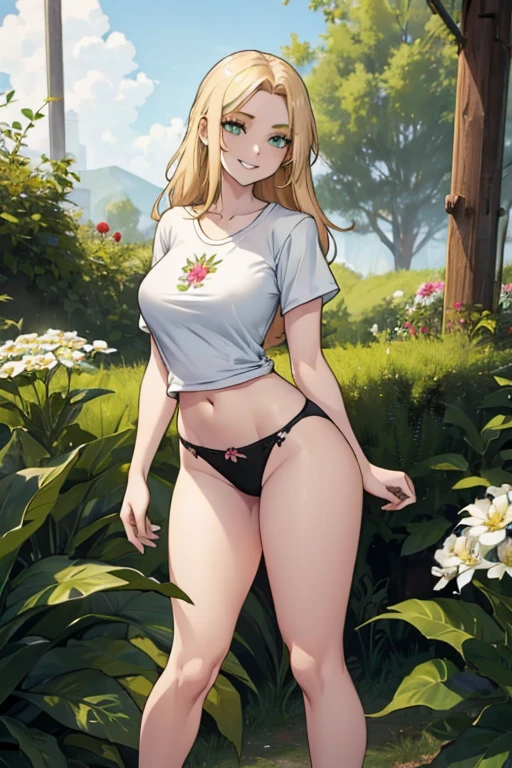 female, blonde long hair, green eyes, pale skin, (((1girl))), (((white t-shirt))), (flower print panties), (black flats), cute and sexy, large breasts, large butt, full body, long legs, smiling