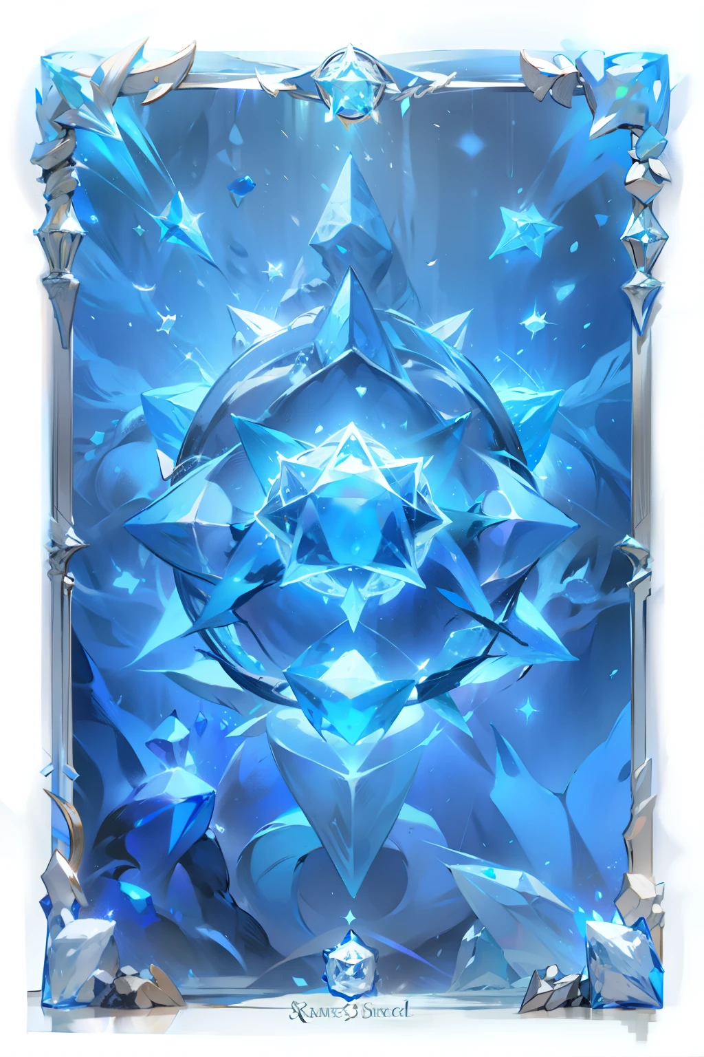 Close up of a blue diamond in a silver frame, Frost Gem, ice spell, Fantasy game spell symbols, tarot card background, Ice crystal armor, front game card, fractal tarot card style, Ice Mage, Icicle background, crystal skin, fantasy shield, Tarot card design, Full card design, vast ice dungeon, mysterious art style