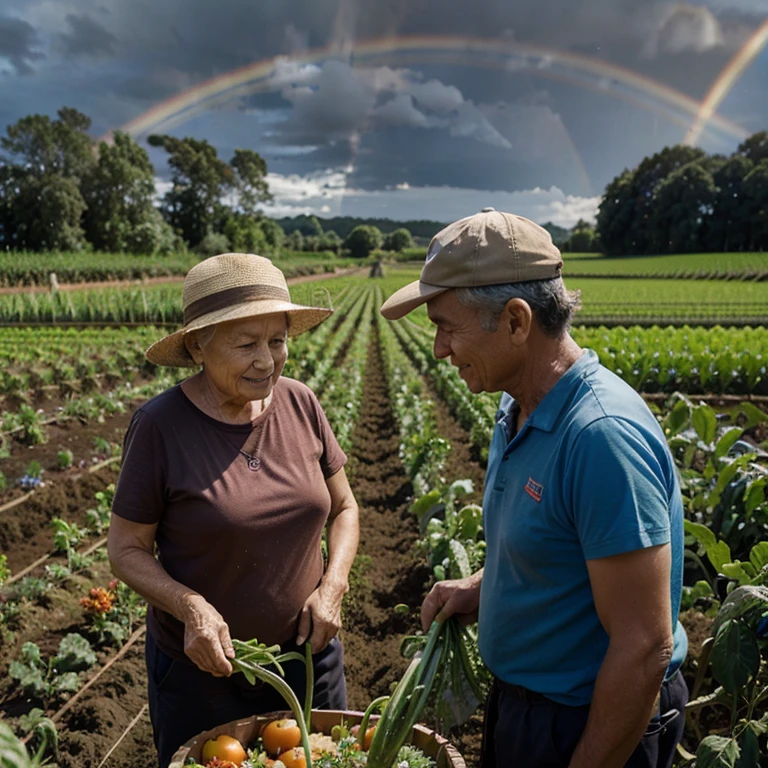 Image of an elderly couple harvesting vegetables in their plantation field, with a rainbow in the background 