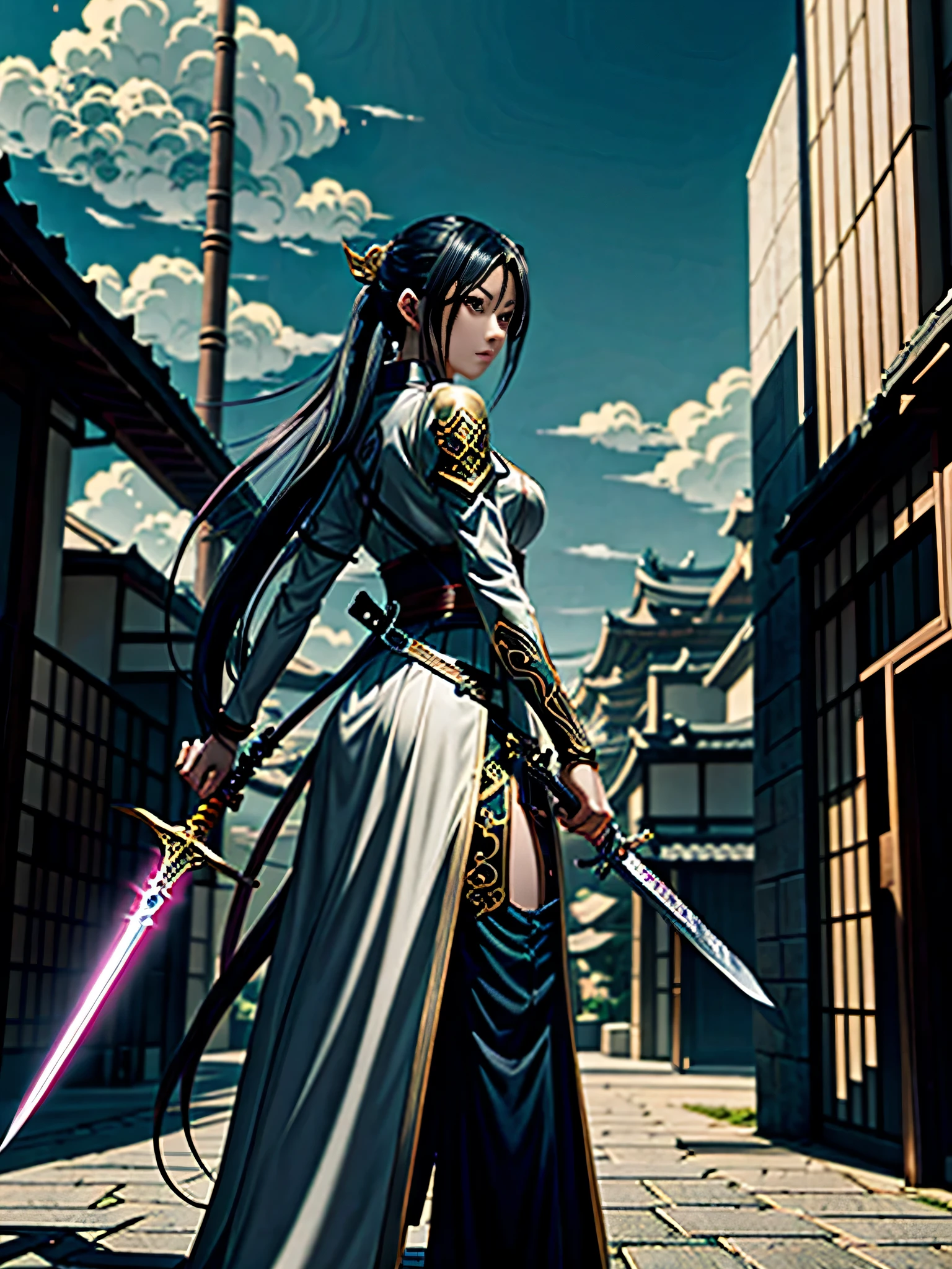 anime style，Depicts a woman holding a sword standing in front of a building, Concept art by Yang J, Pixiv Contest Winners, fantasy art, Anime Art Wallpaper 4k, anime art wallpaper 4k, anime art wallpaper 8k, anime style 4k, Japanese traditional concept art, Shen Haicheng, 4k anime wallpaper, anime wallpaper 4k