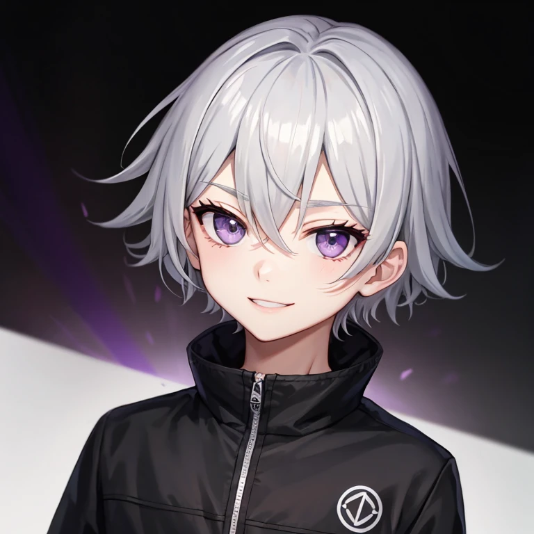 1boy, purple eyes, Gray hair, solo, (emote twitch: 1), chibi, cabelo preto, olhos castanhos, segurando joystick, sorrindo, parte superior do corpo, desenhos animados, fundo branco, adesivo, contornos pretos grossos,