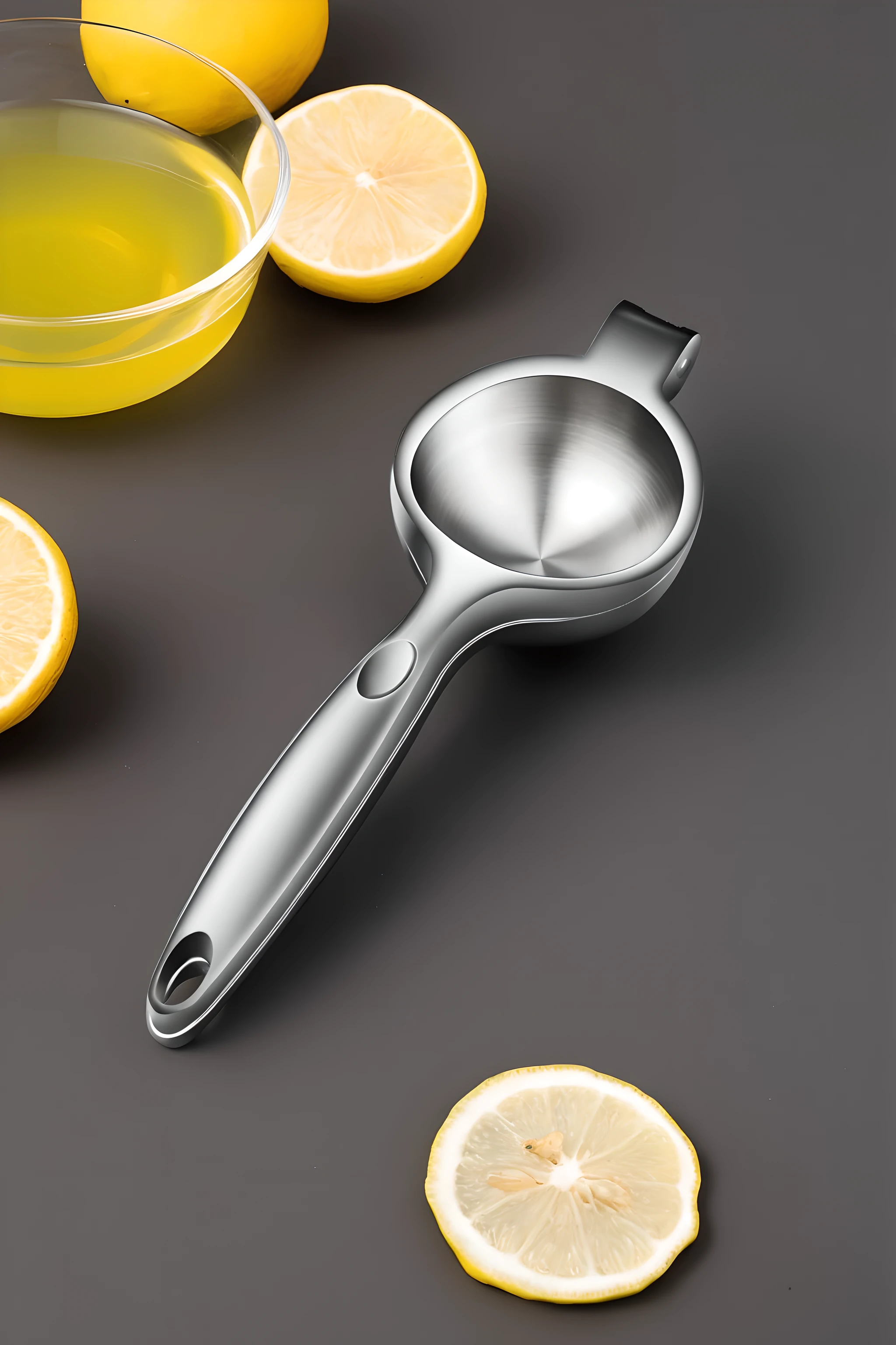 Construct an image that highlights the interplay of light and purity in a modern kitchen vignette. The focal point of the scene is a finely crafted stainless steel citrus juicer, which sits prominently on a dark matte black surface, highlighting its gleaming, flawless finish. Each juicer gleams with a solid, flawless sheen that reflects its surroundings with a high-gloss finish that highlights its smooth, curved handle and deep, round bowl designed for efficient juicing.
The stainless steel of the juicer is perfectly polished to an almost liquid-like metallic sheen and is completely flawless. This reflective quality is so pronounced that it captures the contours of surrounding objects on its surface, adding depth and dimensionality to the image.
The entire scene exudes a clean and sterile air, with every component - from metal tools to organic products - appearing spotless, without smudges, fingerprints or any sign of wear. The lights have been strategically placed to enhance the metallic shine and cast a soft illumination, further emphasizing the purity and refined beauty of this culinary tableau.