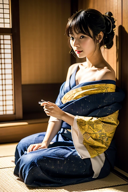 (8k, RAW photo, best quality, perfect anatomy, masterpiece:1.2), (realistic, photo-realistic:1.4), (extremely detailed 8k wallpaper), sharp focus, professional lighting, depth of field, cinematic lighting, 25 years old Beautiful and cute japanese actress, (Traditional Japanese kimono, Furisode, Intricate patterns, Vibrant colors, Japanese textile artistry,:1.3), Off Shoulder, Traditional Japanese hairstyle, Kanzashi, Tatami room, sitting on the floor