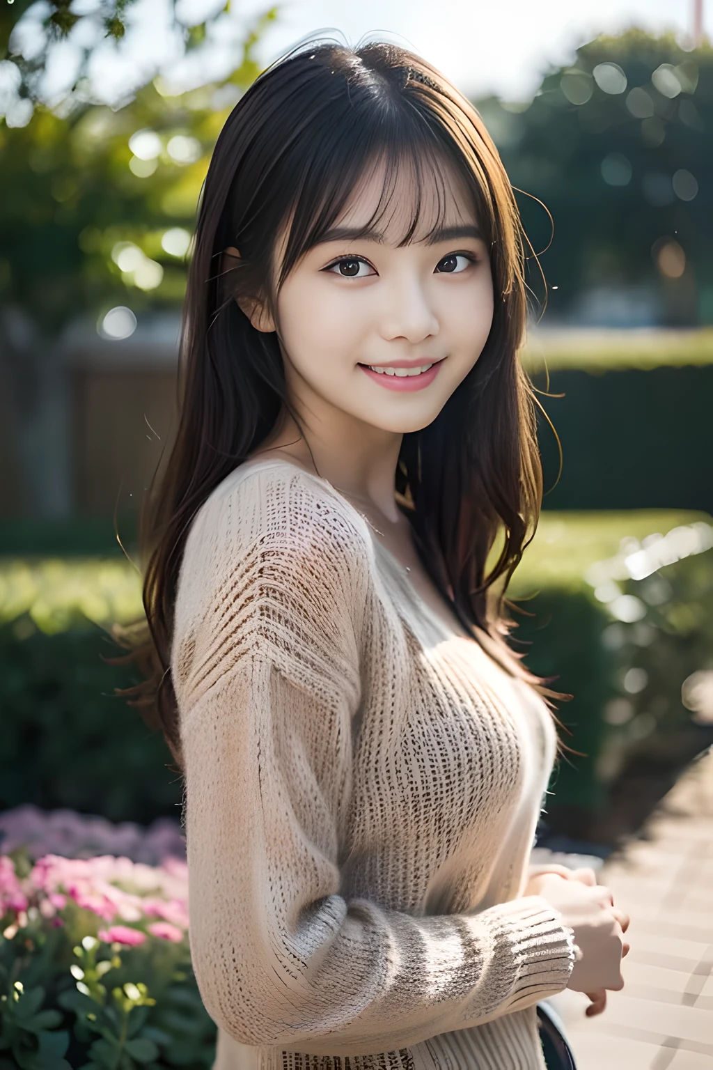 ulzzang-6500-v1.1,(Masterpiece, BestQuality:1.3), (ultra detailed 8k:1.2),(photorealistic、photograph、8K、highest quality、High resolution, (realistic、Photoreal、super detailed、highest quality、masterpiece、超A high resolution)
BREAK
 1girl, cute japanese woman、20yo、College Girls、have bangs、double eyelid、drooling eyes、big black eyes、attractive、priety、cute smile、(blonde),((No makeup)),natural smile、watch here、realistic skin type、 knit sweater
delicate and beautiful、perfect face、Delicate and beautiful air skin around the eyes、real human skin、pores、natural color lip、best detailed skin、full finger, (she has her hand on her arm、she has a shy smile、hair is blowing in the wind:1.3)、(perfect anatomy:1.3),
BREAK
(outdoor garden:1.5), The wind is blowing、evening、sunset from behind