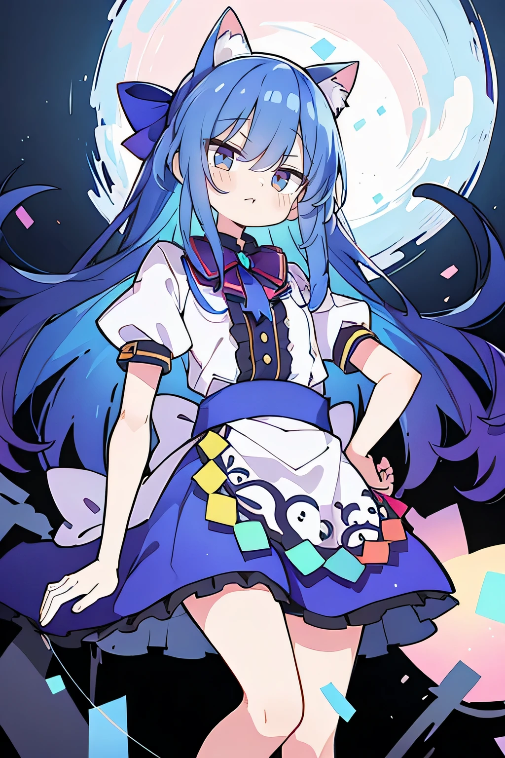 (masterpiece),best quality, expressive eyes, perfect face, 1girl,
Put your hands on your waist,fair, Gorgeous,Japanese cartoons,girl,lola,Hina Angel, blue hair, blue haired, floating clothes,Grab your waist, Grab your waist, hands on hips , hands on hips,sit, sit on ground, Legs on the ground, flat chest,cat ears,