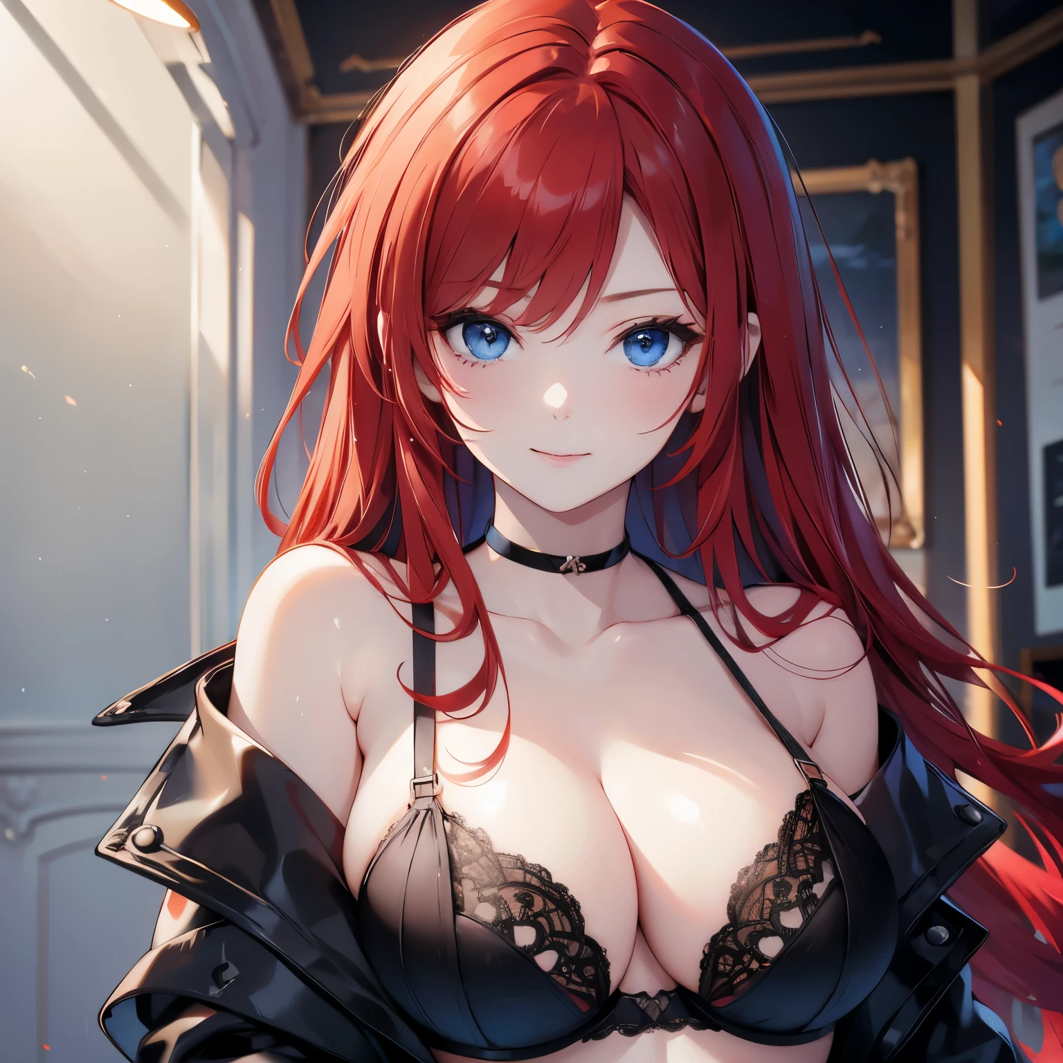 Red hair, blue eyes, sat, black bra, happy