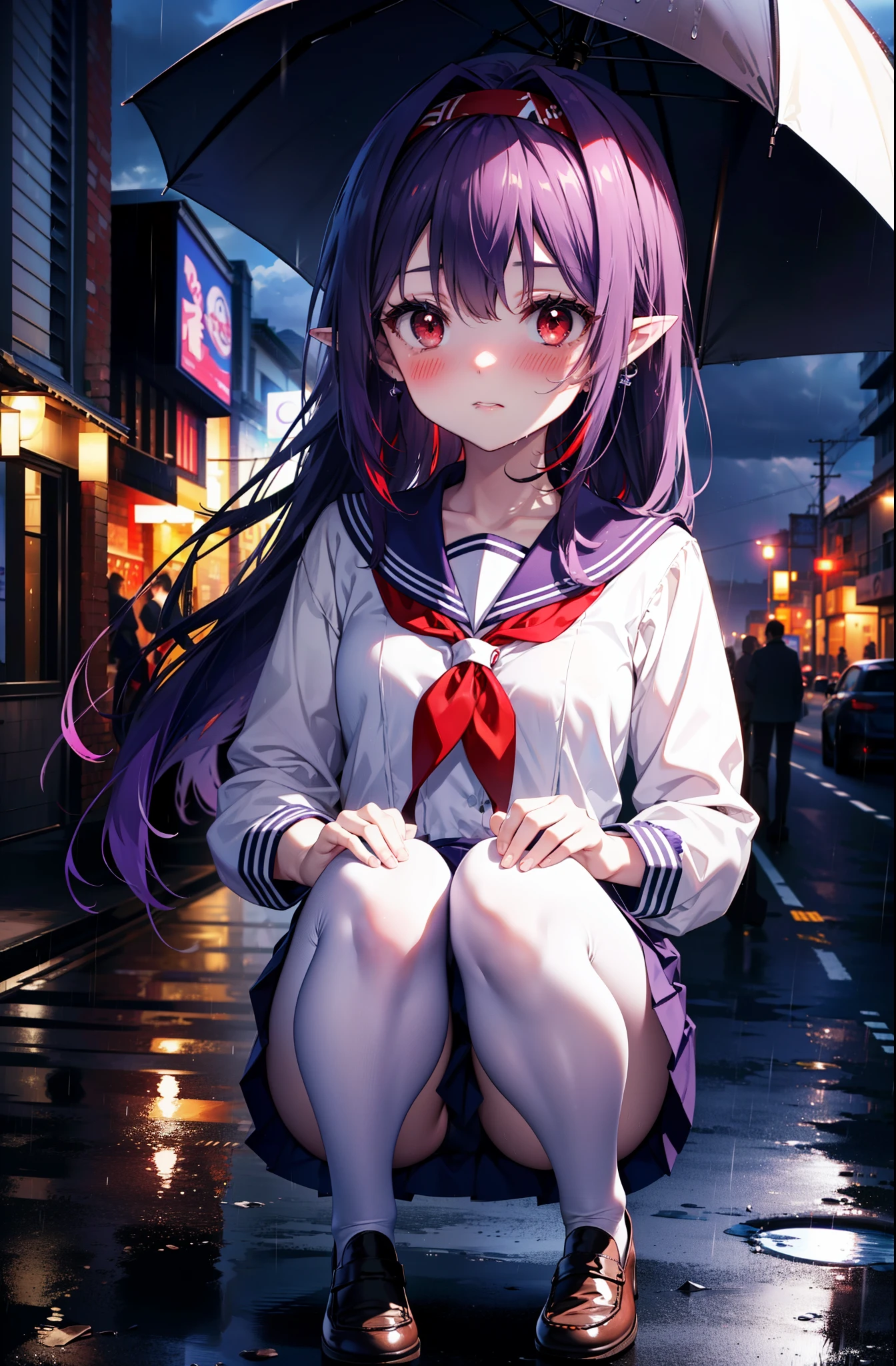 yuukikonno, Yuki Konno, hair band, long hair, pointy ears, purple hair,blush, embarrassing,(red eyes:1.5), (small breasts:1.2),high school girl uniform(Purple sailor suit),Purple pleated skirt,white tights,brown loafers,rain,cloudy,umbrella,evening,
break looking at viewer, Upper body, full body,
break outdoors, city,building street,
break (masterpiece:1.2), highest quality, High resolution, unity 8k wallpaper, (shape:0.8), (fine and beautiful eyes:1.6), highly detailed face, perfect lighting, Very detailed CG, (perfect hands, perfect anatomy),