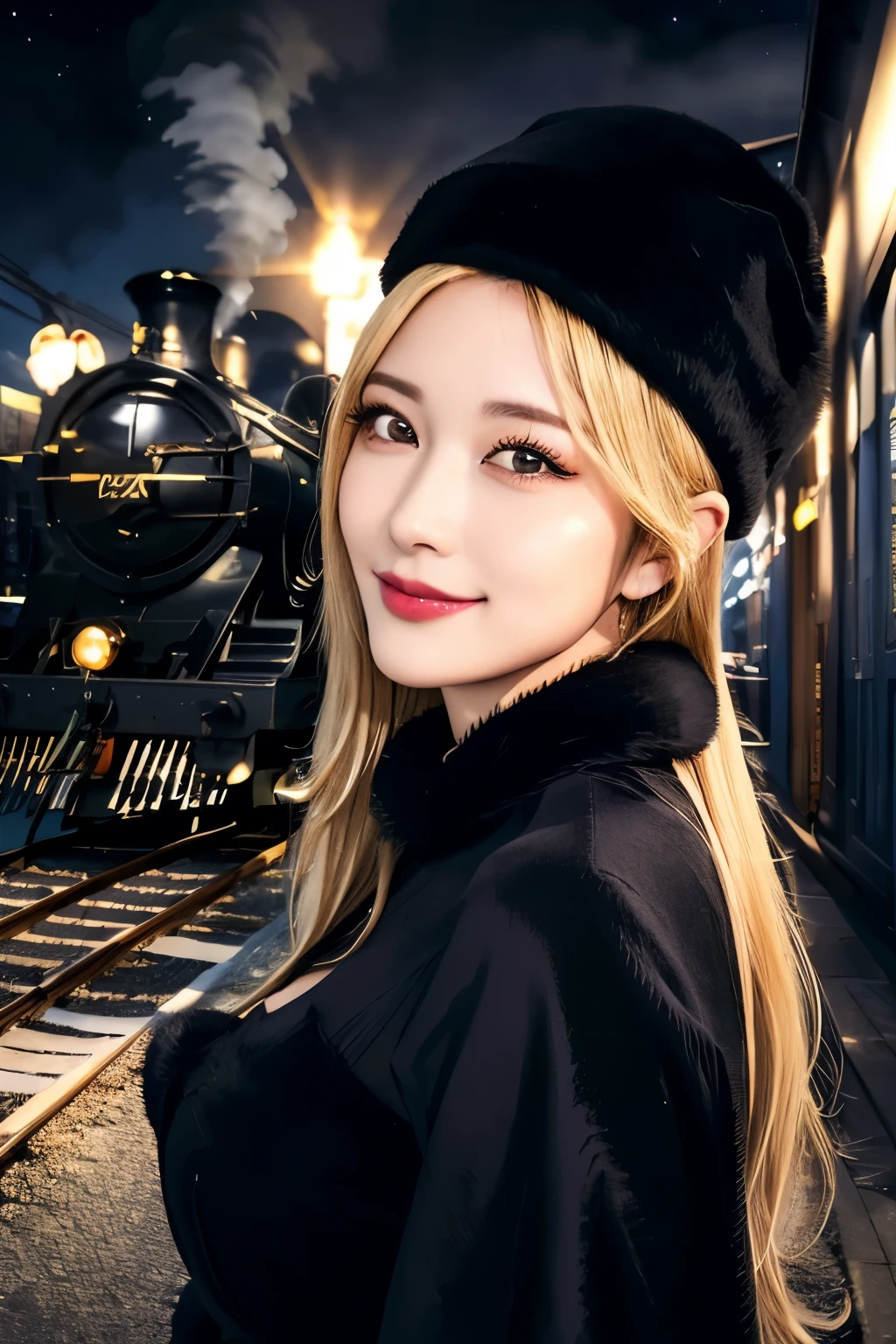 maetel, long hair, blonde hair,fur trim, black headwear, fur hat, dress,(cowboy shot:1.1), yellow eyes, (luggage:1.1), steam (train station:1.1),station platform,  night, galaxy,999
best quality, highly detailed, masterpiece, absurdres,8k,   (detailed eyes, deep eyes),photorealistic, realistic,detailed skin texture, detailed pupils,HDR,
1woman,(happy:1.1),smile, (angular face:1.2),shiny face,large breasts, (narrow waist:1.1), lip makeup,long eyelashes