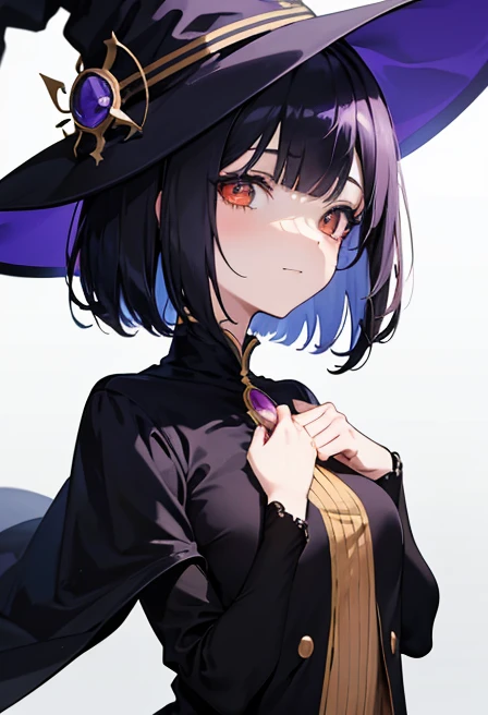 Witch's outfit, Anime-style portrait of a girl with a deep violet bob cut, {Golden eyes}, bright eyes, baby-faced, eye contact with the camera, subtle smile, minimalistic background to emphasize character, high contrast, clean lines, digital painting, vivid colors