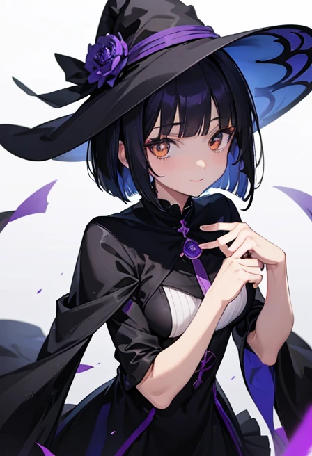 Witch's outfit, Anime-style portrait of a girl with a deep violet bob cut, {Golden eyes}, bright eyes, baby-faced, eye contact with the camera, subtle smile, minimalistic background to emphasize character, high contrast, clean lines, digital painting, vivid colors