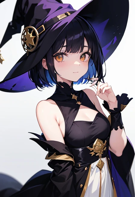 Witch's outfit, Anime-style portrait of a girl with a deep violet bob cut, {Golden eyes}, bright eyes, baby-faced, eye contact with the camera, subtle smile, minimalistic background to emphasize character, high contrast, clean lines, digital painting, vivid colors