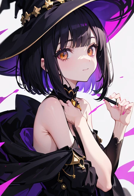 Witch's outfit, Anime-style portrait of a girl with a deep violet bob cut, {Golden eyes}, bright eyes, baby-faced, eye contact with the camera, subtle smile, minimalistic background to emphasize character, high contrast, clean lines, digital painting, vivid colors