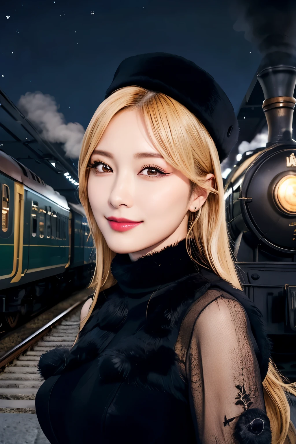 maetel, long hair, blonde hair,fur trim, black headwear, fur hat, dress,(cowboy shot:1.1), yellow eyes, (luggage:1.1), steam (train station:1.1),station platform, night, galaxy,999
best quality, highly detailed, masterpiece, absurdres,8k, (detailed eyes, deep eyes),photorealistic, realistic,detailed skin texture, detailed pupils,HDR,
1woman,(happy:1.1),smile, (angular face:1.2),shiny face,large breasts, (narrow waist:1.1), lip makeup,long eyelashes