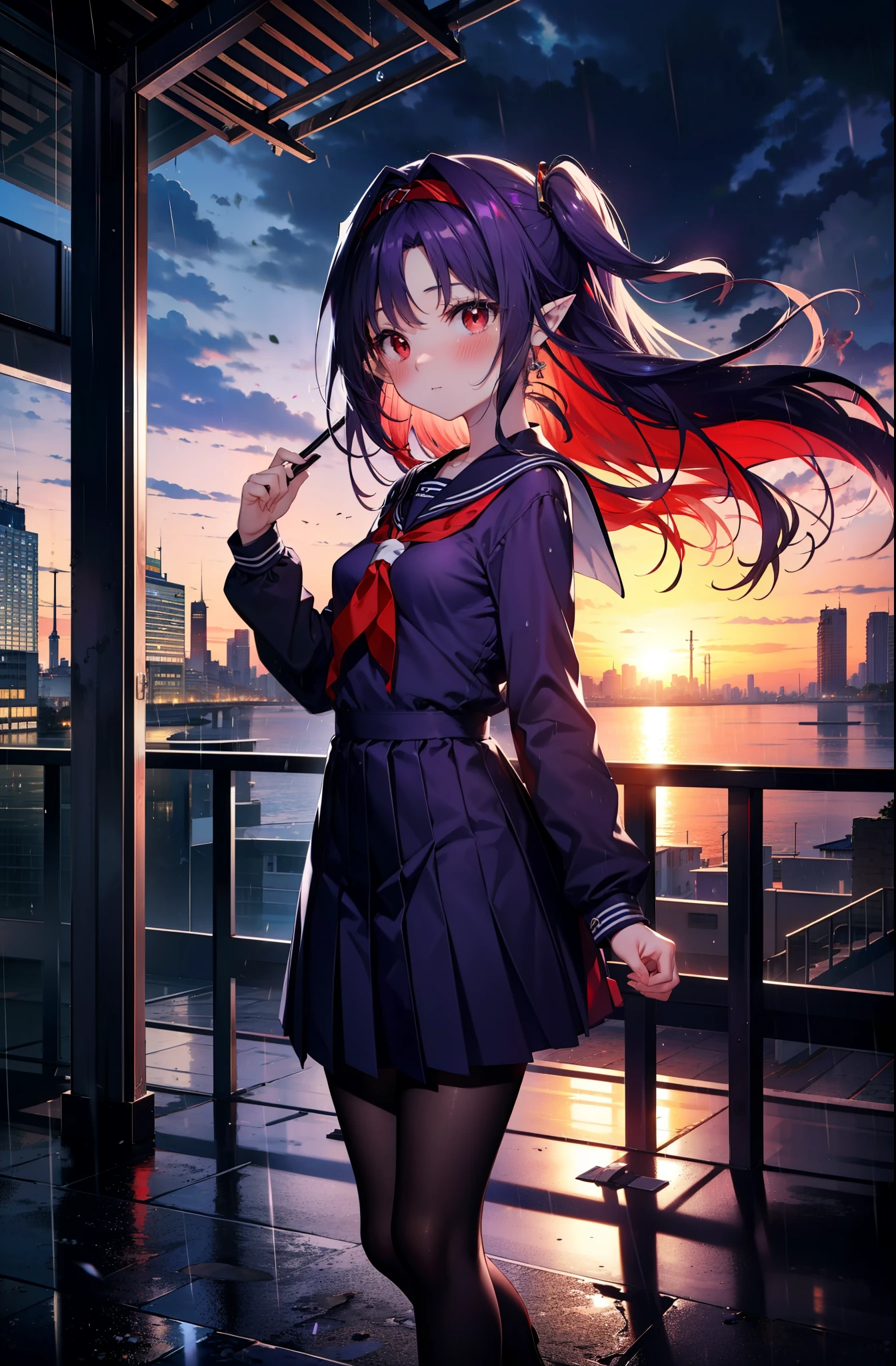 yuukikonno, Yuki Konno, hair band, long hair, pointy ears, purple hair,blush, embarrassing,(red eyes:1.5), (small breasts:1.2),high school girl uniform(Purple sailor suit),Purple pleated skirt,white tights,brown loafers,rain,cloudy,umbrella,evening,
break looking at viewer, Upper body, full body,
break outdoors, city,building street,
break (masterpiece:1.2), highest quality, High resolution, unity 8k wallpaper, (shape:0.8), (fine and beautiful eyes:1.6), highly detailed face, perfect lighting, Very detailed CG, (perfect hands, perfect anatomy),