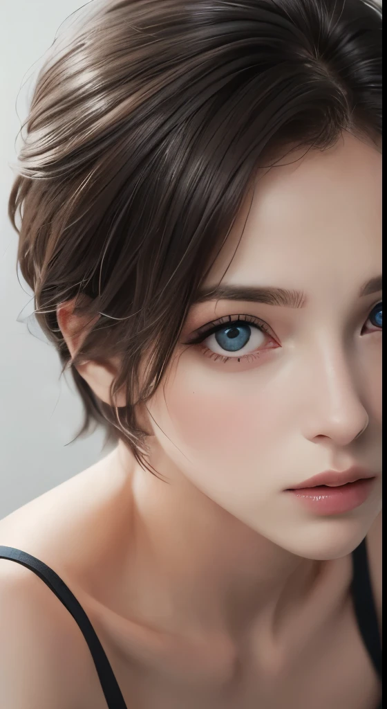 8k uhd、RAWphotograph、モデルphotograph撮影、Russian Race, European race, (masterpiece, highest quality, photorealistic, High resolution, photograph: 1.3), Close-up, Focusing, hot models、slim、 30 year old mature woman、small face、short cut hair、dark brown hair、Detailed beautiful eyes、realな肌, (perfect body), Sexy hot face, erotic,sexual gaze、Detailed beautiful eyes、glossy lips、small breasts、、bust B cup、((bright light、dynamic lighting、real、超real、 realism、realistic details⦆、Cool Beauty、cool pose、background gray、Plain gray background