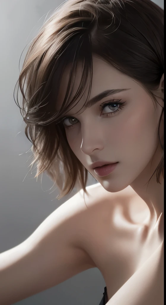 8k uhd、RAWphotograph、モデルphotograph撮影、Russian Race, European race, (masterpiece, highest quality, photorealistic, High resolution, photograph: 1.3), Close-up, Focusing, hot models、slim、 30 year old mature woman、small face、short cut hair、dark brown hair、Detailed beautiful eyes、realな肌, (perfect body), Sexy hot face, erotic,sexual gaze、Detailed beautiful eyes、glossy lips、small breasts、、bust B cup、((bright light、dynamic lighting、real、超real、 realism、realistic details｠、Cool Beauty、cool pose、background gray、Plain gray background