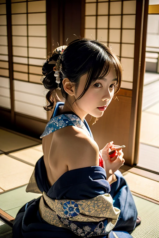 (8k, RAW photo, best quality, perfect anatomy, masterpiece:1.2), (realistic, photo-realistic:1.4), (extremely detailed 8k wallpaper), sharp focus, professional lighting, depth of field, cinematic lighting, 25 years old Beautiful and cute japanese actress, (Traditional Japanese kimono, Furisode, Intricate patterns, Vibrant colors, Japanese textile artistry,:1.3), Off Shoulder, Traditional Japanese hairstyle, Kanzashi, Tatami room, sitting on the floor