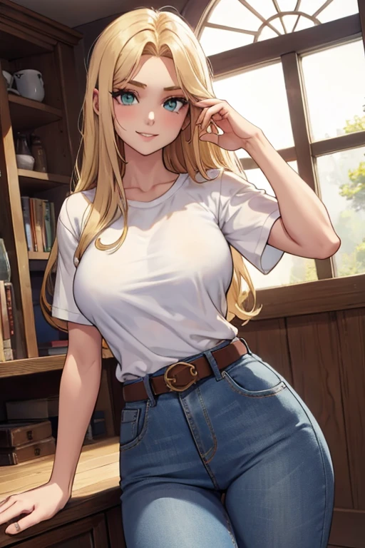 female, blonde long hair, green eyes, pale skin, (((1girl))), (((white short sleeve blouse))), (light blue denim pants), (brown belt), (black flats), cute and sexy, large breasts, large butt, full body, long legs, smiling