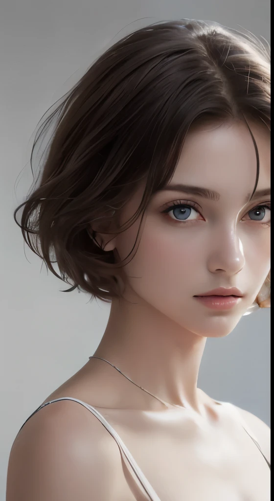 8k uhd、RAWphotograph、モデルphotograph撮影、Russian Race, European race, (masterpiece, highest quality, photorealistic, High resolution, photograph: 1.3), Close-up, Focusing, hot models、slim、 30 year old mature woman、small face、short cut hair、dark brown hair、Detailed beautiful eyes、realな肌, (perfect body), Sexy hot face, erotic,sexual gaze、Detailed beautiful eyes、glossy lips、small breasts、、bust B cup、((bright light、dynamic lighting、real、超real、 realism、realistic details⦆、Cool Beauty、cool pose、background gray、Plain gray background
