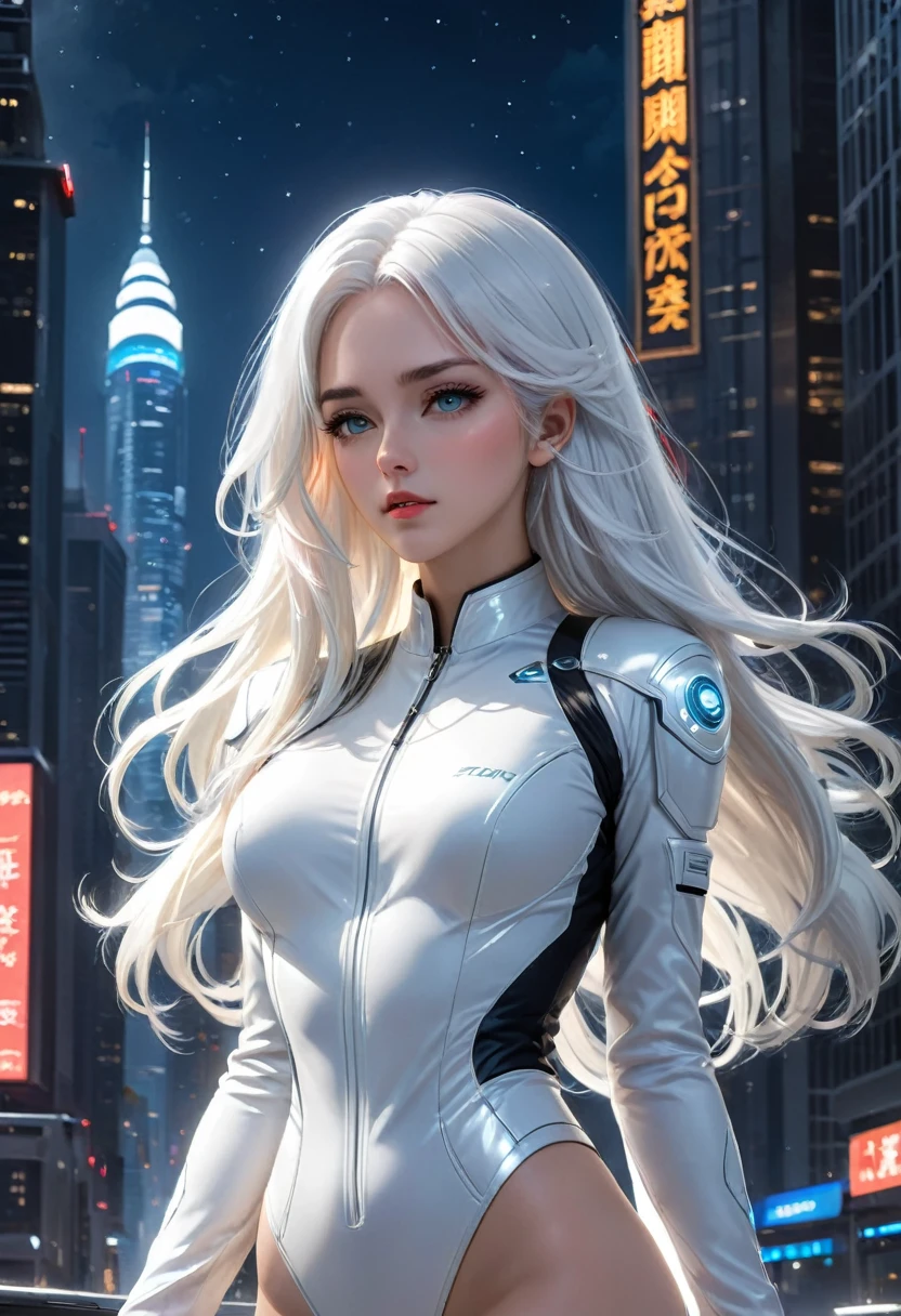 tmasterpiece, Best quality at best, (Alone focus), (s the perfect face:1.1), (high detal:1.1),dramatics, 1 person, (pale-skinned), Long white hair, White eyes, Alone, long whitr hair, themoon, the night, white luxury suit, Covered with navel, pouting, Covered with, The city of the future, detailedbackground, Art by Artgerm and Greg Rutkowski,  movie lighting,
