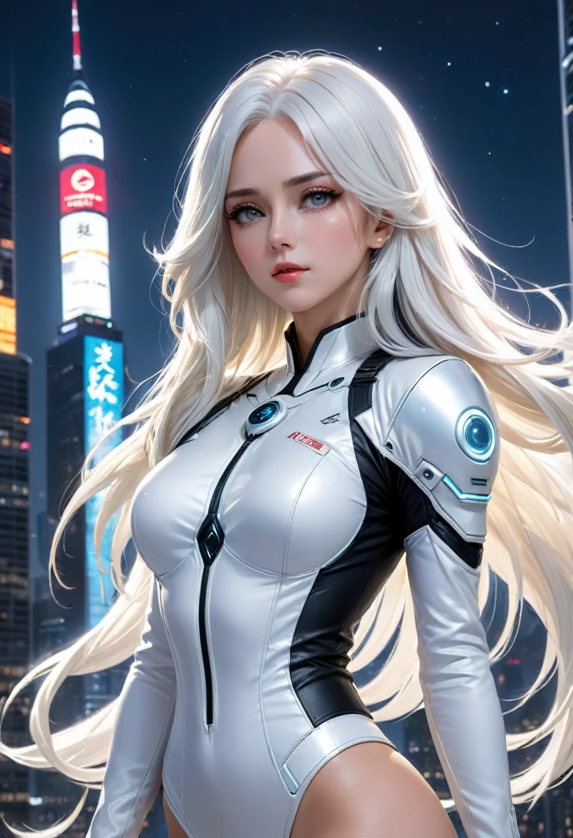 tmasterpiece, Best quality at best, (Alone focus), (s the perfect face:1.1), (high detal:1.1),dramatics, 1 person, (pale-skinned), Long white hair, White eyes, Alone, long whitr hair, themoon, the night, white luxury suit, Covered with navel, pouting, Covered with, The city of the future, detailedbackground, Art by Artgerm and Greg Rutkowski,  movie lighting,